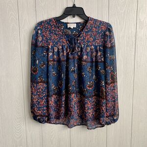 Everly for Francesca's Blue Multicolor Floral Sheer Long Sleeve Top Size S